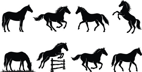 Fototapeta premium Horse Silhouette Collection Featuring Running Grazing Jumping Rearing and Walking Equine Poses Set
