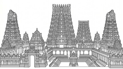 Fototapeta premium Meenakshi Amman Temple silhouette, towering Dravidian gopuram architecture in Madurai India, historic Hindu temple landmark showcasing intricate carvings and cultural heritage