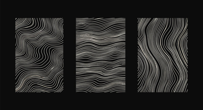 Set of three abstract backgrounds with thin golden wavy lines on black backdrop, modern decorative illustrations, minimalist luxury design element.