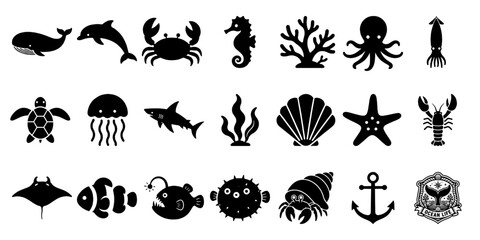 海の生き物と海洋モチーフのシルエットアイコンセット／Marine Life Silhouette Icons, Ocean Creatures Collection  © MEG-MEG