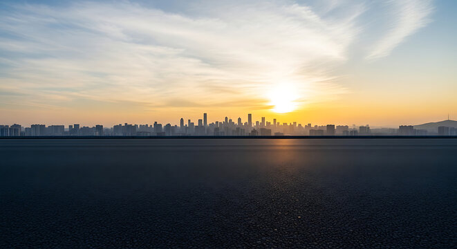Empty asphalt road surface leading towards a modern city skyline with skyscrapers silhouetted against a bright orange and yellow sunset sky buildings architecture cityscape skyscraper downtown