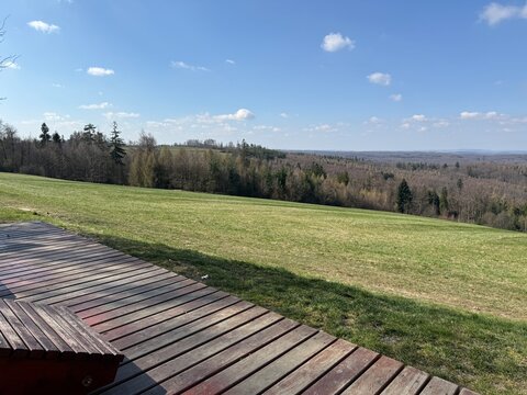 Modern wooden sun loungers "Slunečn&iacute; l&aacute;zně" with panoramic view near Rozhledna &Scaron;ance, Jakubčovice, Czech Republic