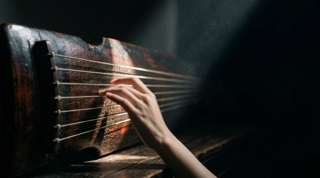 Close-up of a hand playing a classical string instrument with dramatic light and wood texture