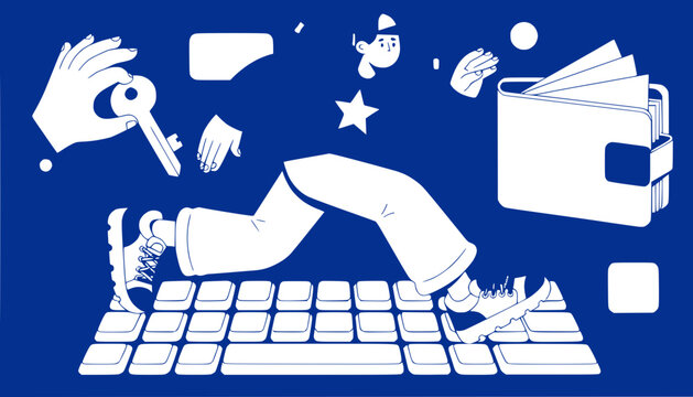 Online shopping and digital payments concept with person running on keyboard, wallet and key