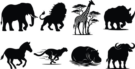 African Wildlife Silhouette Collection Featuring Elephant Lion Giraffe Rhino Horse Cheetah Hippo and Buffalo © MdSumon