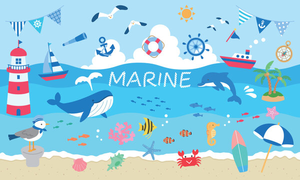 夏の海のイラスト素材セット　マリンテイスト
