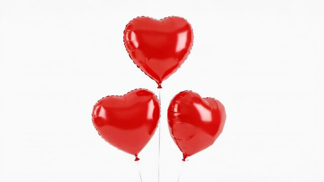 Three glossy red heart shaped foil balloons floating against white background