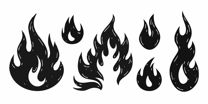 Stylized Fire Flame Icons Collection Black Silhouette On White Background