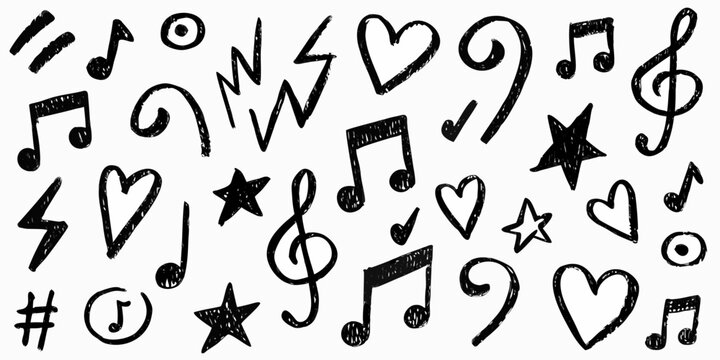 Hand drawn Musical Symbols And Notes Black and white Vector Illustration