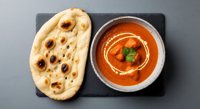 Indian Butter Chicken Curry with Fresh Naan Bread on a Dark Slate Plate