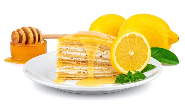 A plate of layered cake with honey and lemons on a white background