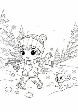 Child Playing in Snowy Forest with Happy Dog Coloring Page.