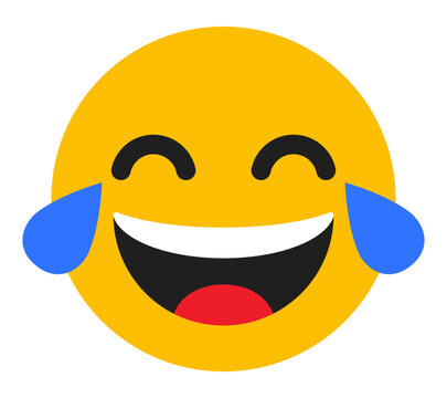 Laughing tears smiley face icon illustration, funny joyful yellow social media reaction symbol with happy expression and blue tears, isolated flat design for chat, app, message and sticker use