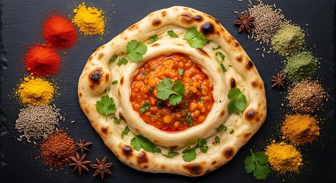 Indian Dal Tadka served in a fresh Naan bread bowl with various spices