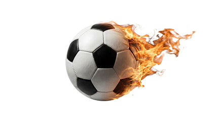 Fototapeta premium Flying soccer football ball with burning fire flames isolated