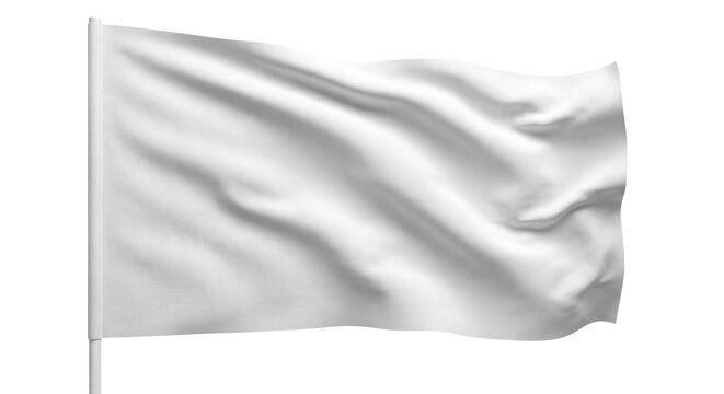 Blank white waving flag on flagpole mockup isolated