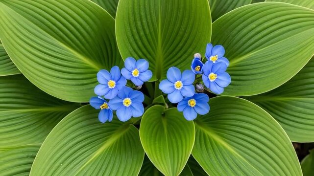 Small blue flowers blooming among textured green hosta plant leaves
