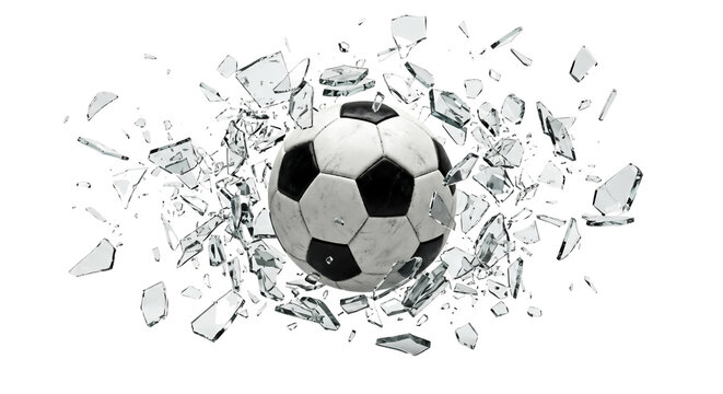 Soccer ball breaking through shattered glass isolated
