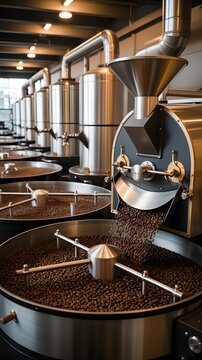 Modern coffee roasting facility with large industrial roasters and equipment