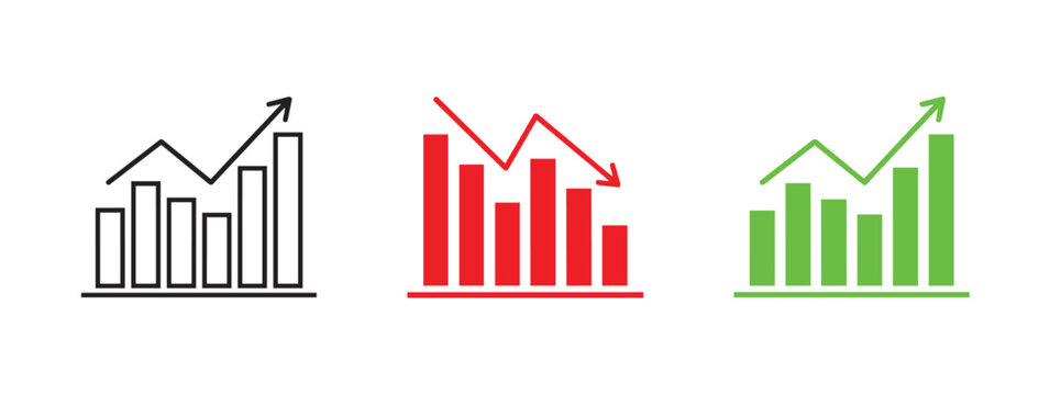 Colorful bar graph icons showing increasing and decreasing trends in business and finance with arrows and lines on white background