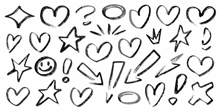 Monochrome Ink Sketch Of Hearts Stars And Question Marks