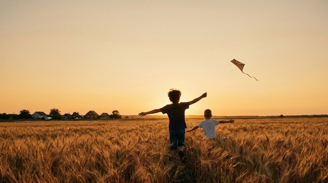 Two boys running with a kite in a wheat field at sunset
