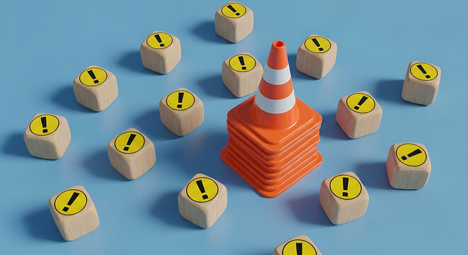 Orange traffic cone surrounded by warning signs on wooden blocks with attention business management solution planning strategy industrial construction notification information
