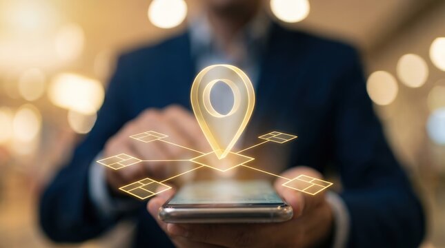 Real Estate Technology Concept: Golden Holographic Map Pin and Land Plot Layout Floating Over Smartphone in Executive Boardroom