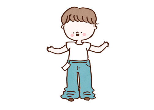 Man trying on new denim pants that are too long and baggy at the hem, wrong size and online shopping failure concept