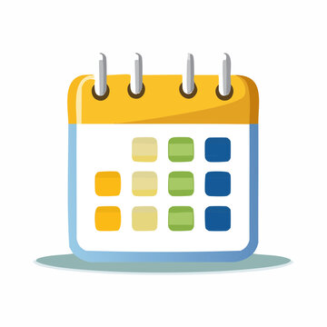 Stylized calendar with colorful squares representing days and a wire binding at the top