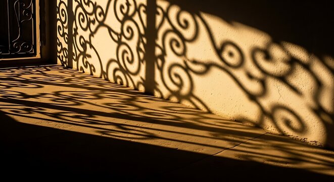 Ornate wrought iron fence shadow casting patterns on a textured wall