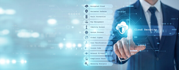 Fototapeta premium Officer's point of Cloud Security protection concept, advanced encryption methods safeguard virtual data from unauthorized cyber threats. Secure online environments ensure business continuity.