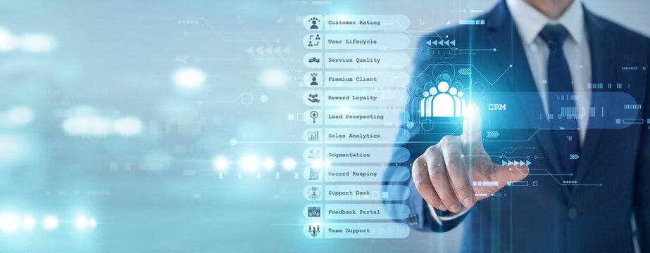 Manager's point of CRM relationship concept, centralized customer data tracking improves sales engagement and loyalty programs. Integrated marketing tools drive brand growth and retention.