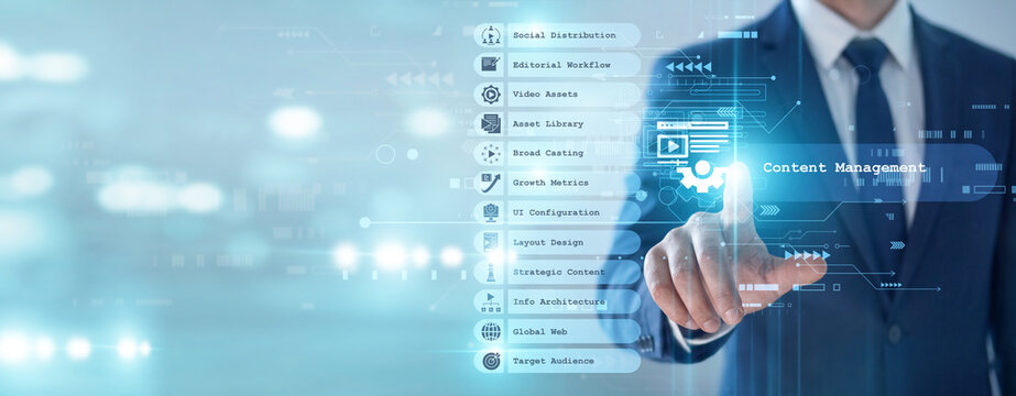 Creator's point of Content Management platform concept, organized digital asset storage simplifies publishing and editorial workflows. Centralized systems streamline creative media projects.