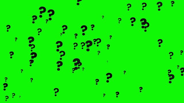 Animated black question mark symbols rising and multiplying on a green screen chroma key