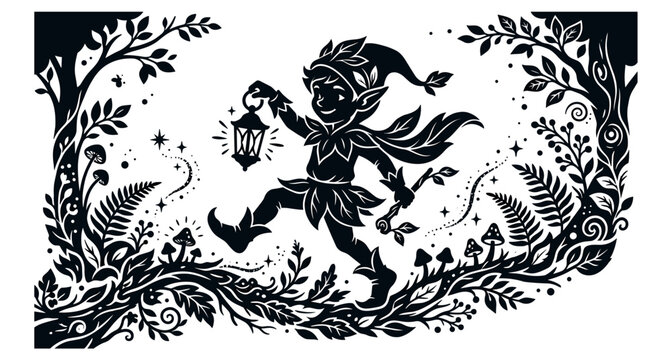 Black Whimsical Elf Gnome Silhouette Running with Lantern in Magical Floral Forest Border Frame Fairy Tale Art Isolated on White Background