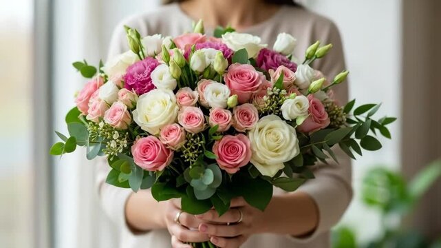 A woman holding a lush bouquet of pink and white roses for a special event