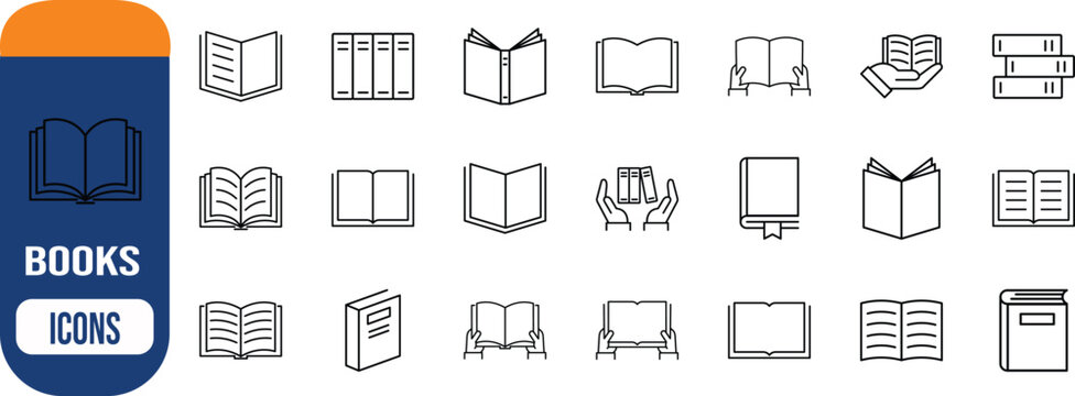 Outline books library education vector icons. book icon set, pages icon set, stack icon set