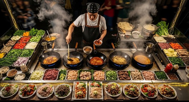 Professional chef cooking diverse street food dishes in steaming woks at night