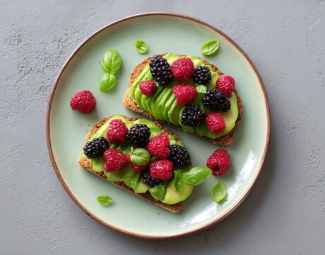 Two avocado toasts topped with berries and basil