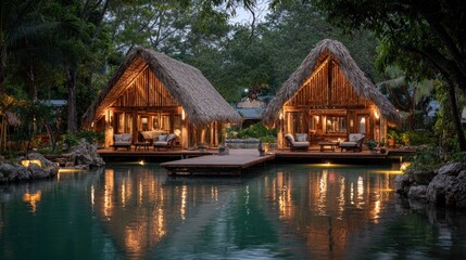 Obraz premium Illuminated thatched-roof bungalows over tranquil turquoise water