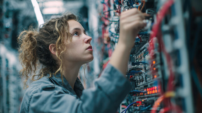 Woman working on server with colorful wires and circuit boards