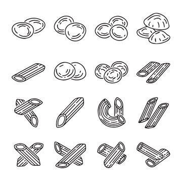 Assorted Dry Pasta Shapes on White Background with Simple Outline Style