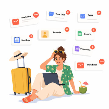 Minimal flat vector illustration of woman checking work emails during vacation, notification overload and inability to disconnect from work concept.