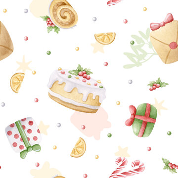 Watercolor Christmas desserts and presents seamless pattern on white. Candy cane, decorated cake, Yule log and dried orange background for New Year festive wrapping paper with holiday food and gifts