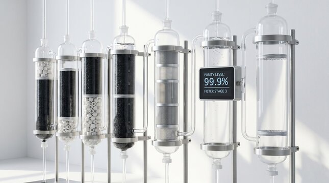 Advanced water purification system with transparent filtration equipment, clean laboratory-style environment, sustainable water management concept, futuristic technology, photorealistic, ultra detaile