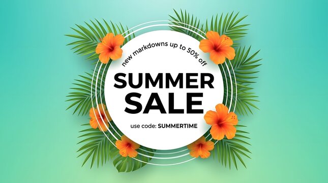 Vibrant summer sale advertisement with tropical flowers and palm leaves