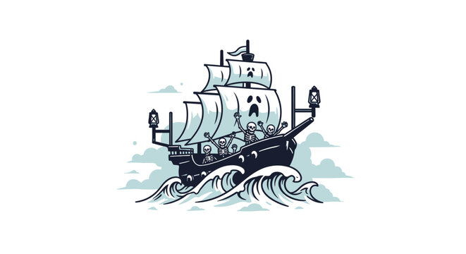 Pirate Ship Sailing on Rough Ocean Waves.