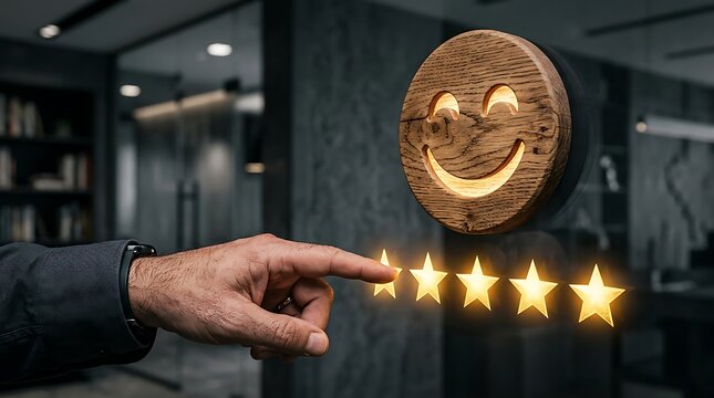 Businessman hand pointing at five glowing stars with floating wooden smiley face icon for excellent corporate customer feedback rating concept