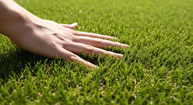 Hand touching green grass on a sunny day